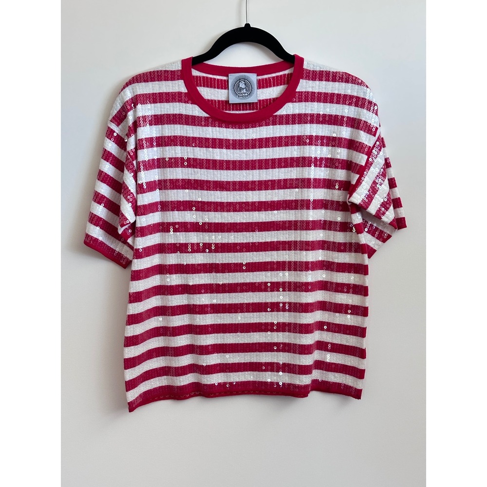 Happy Sheep Red White Striped Sequin Cotton Knit Top Short Sleeve Small Italy